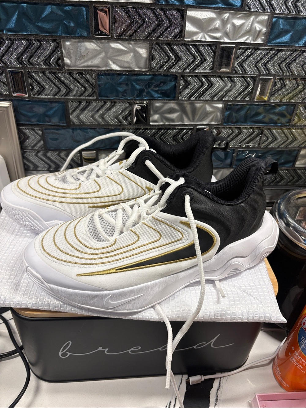 Nike Kids White Black Gold Sneakers